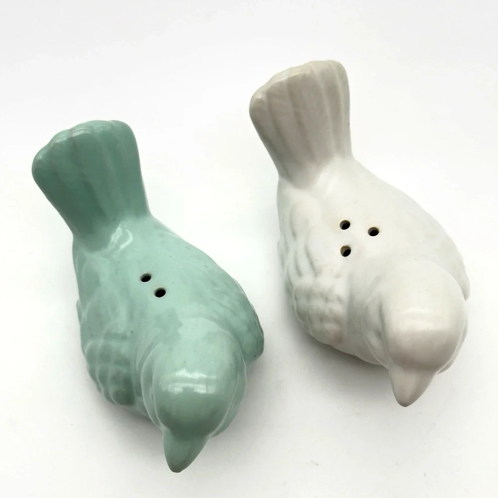 Set of White Blue Bird Salt Pepper Shakers Chickadees Glazed Ceramic